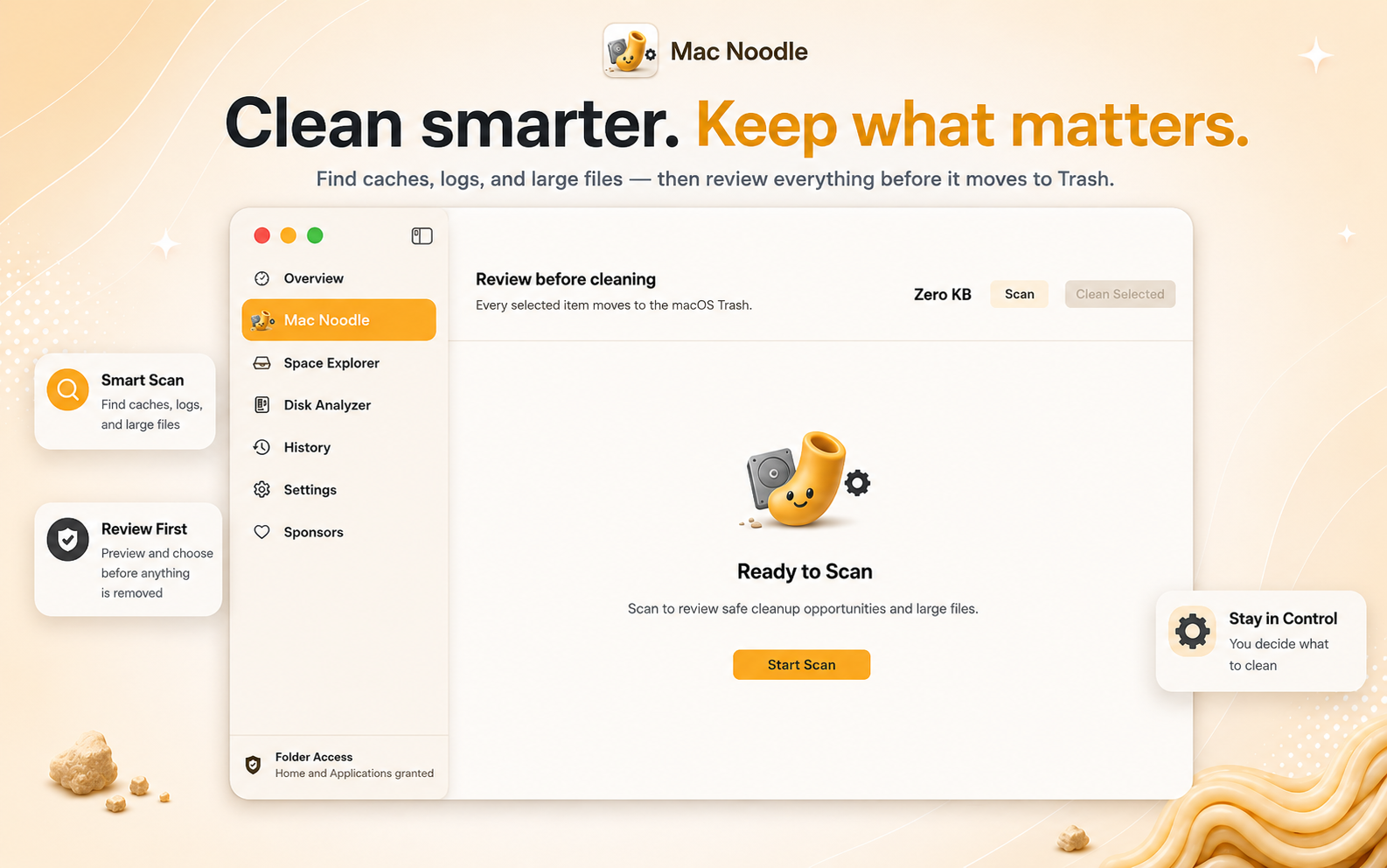 Mac Noodle app showing a review-before-cleaning screen