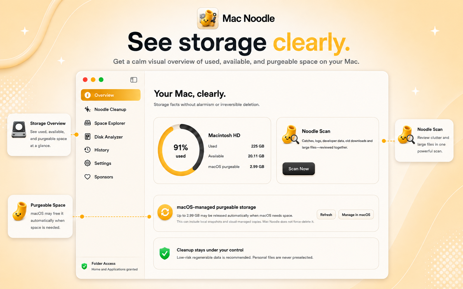 Mac Noodle storage overview with space details and a Noodle Scan card