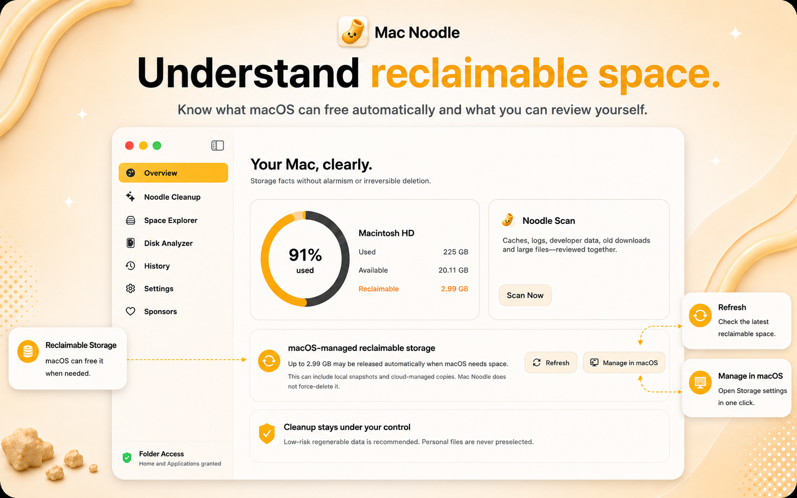 Mac Noodle reclaimable storage overview with macOS management options