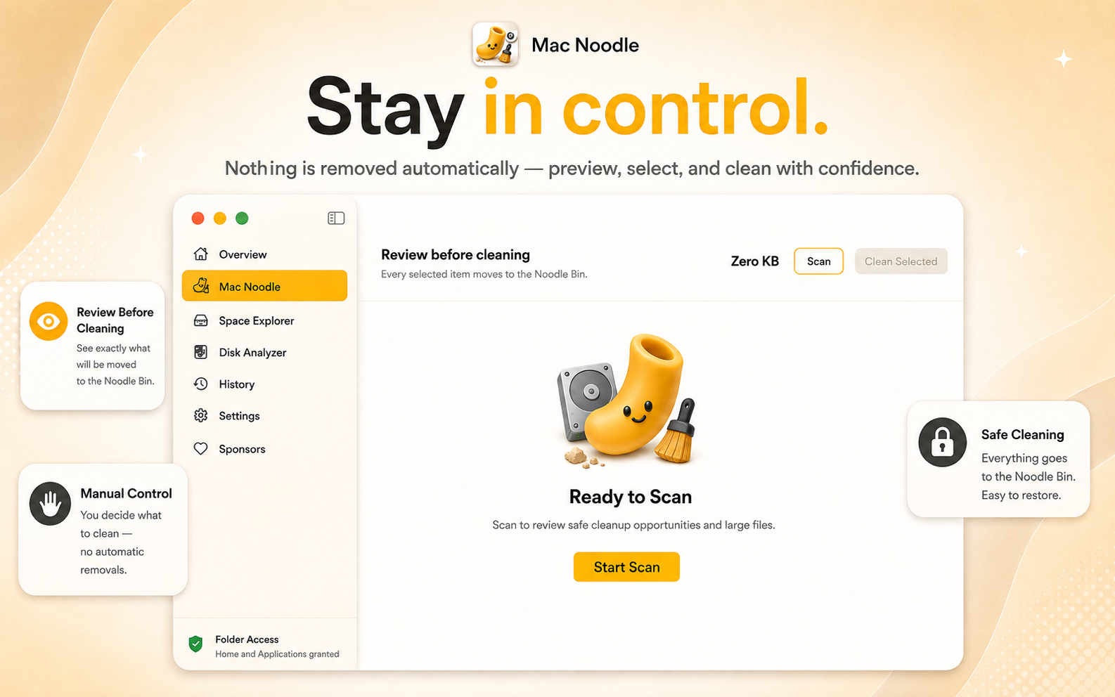 Mac Noodle review-before-cleaning screen with manual controls